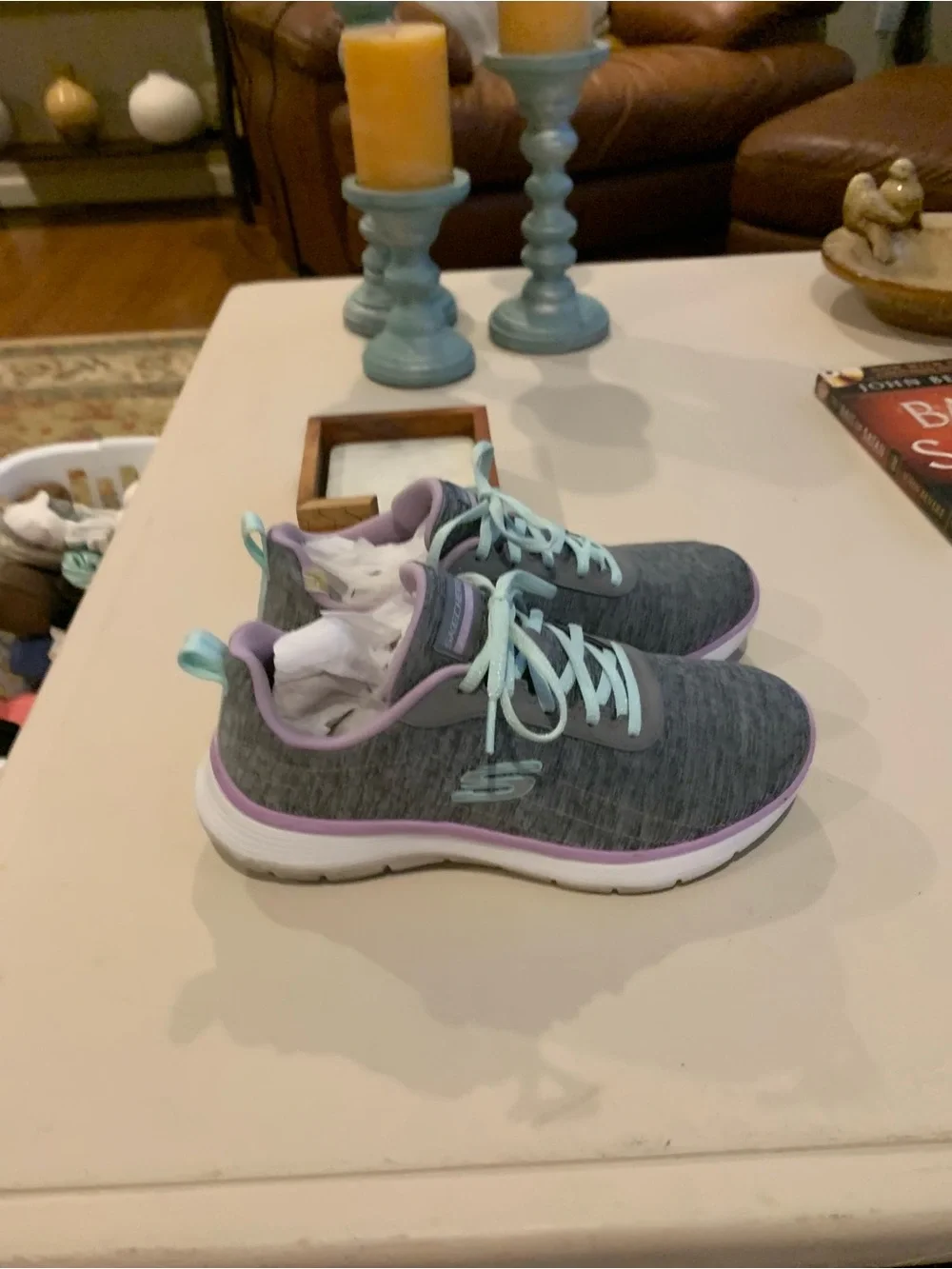 Skechers Gray Knit Athletic Sneakers with Mint & Lavender Accents
